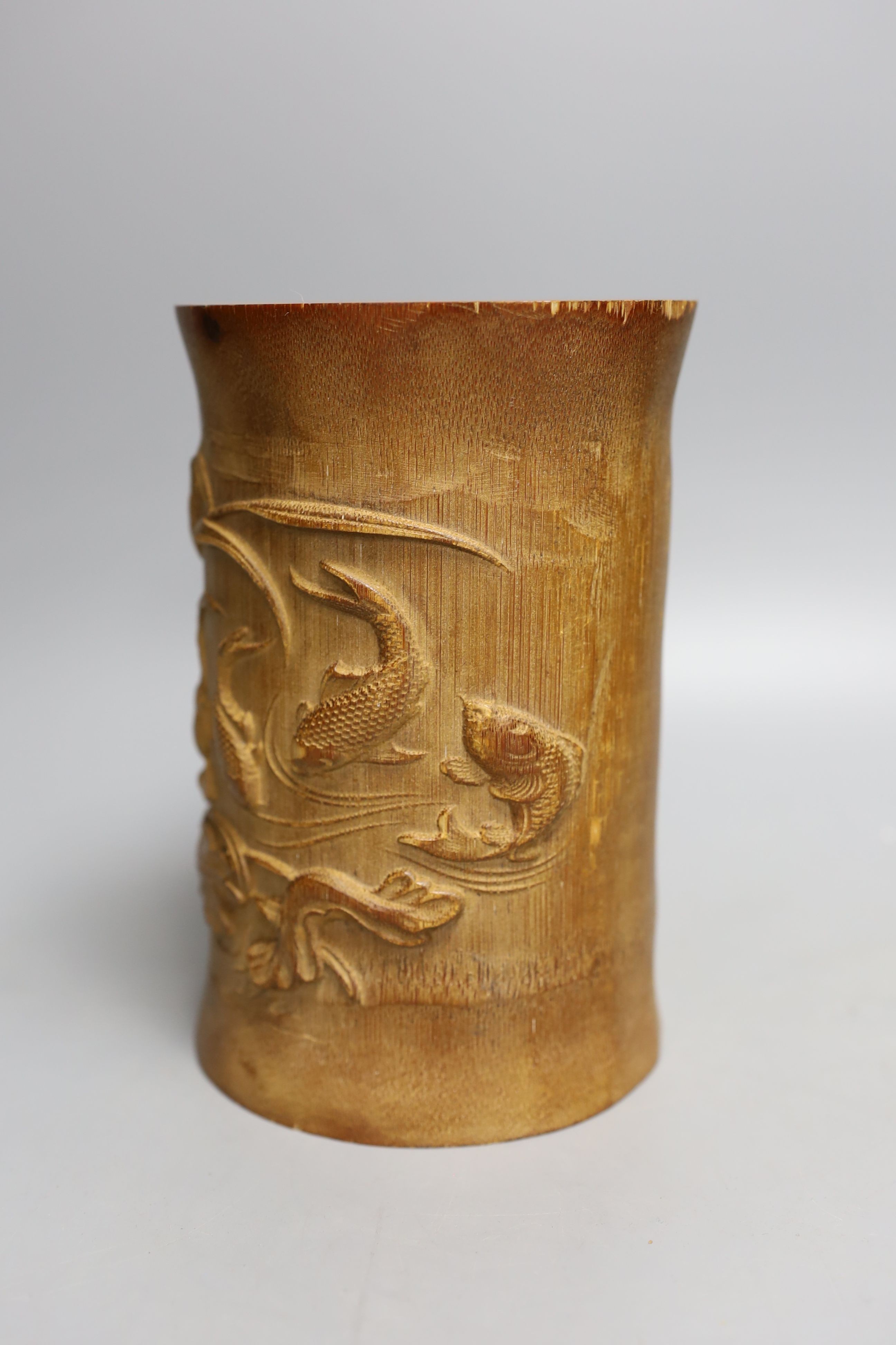 A Chinese bamboo ‘ koi’ brush pot - 18cm high